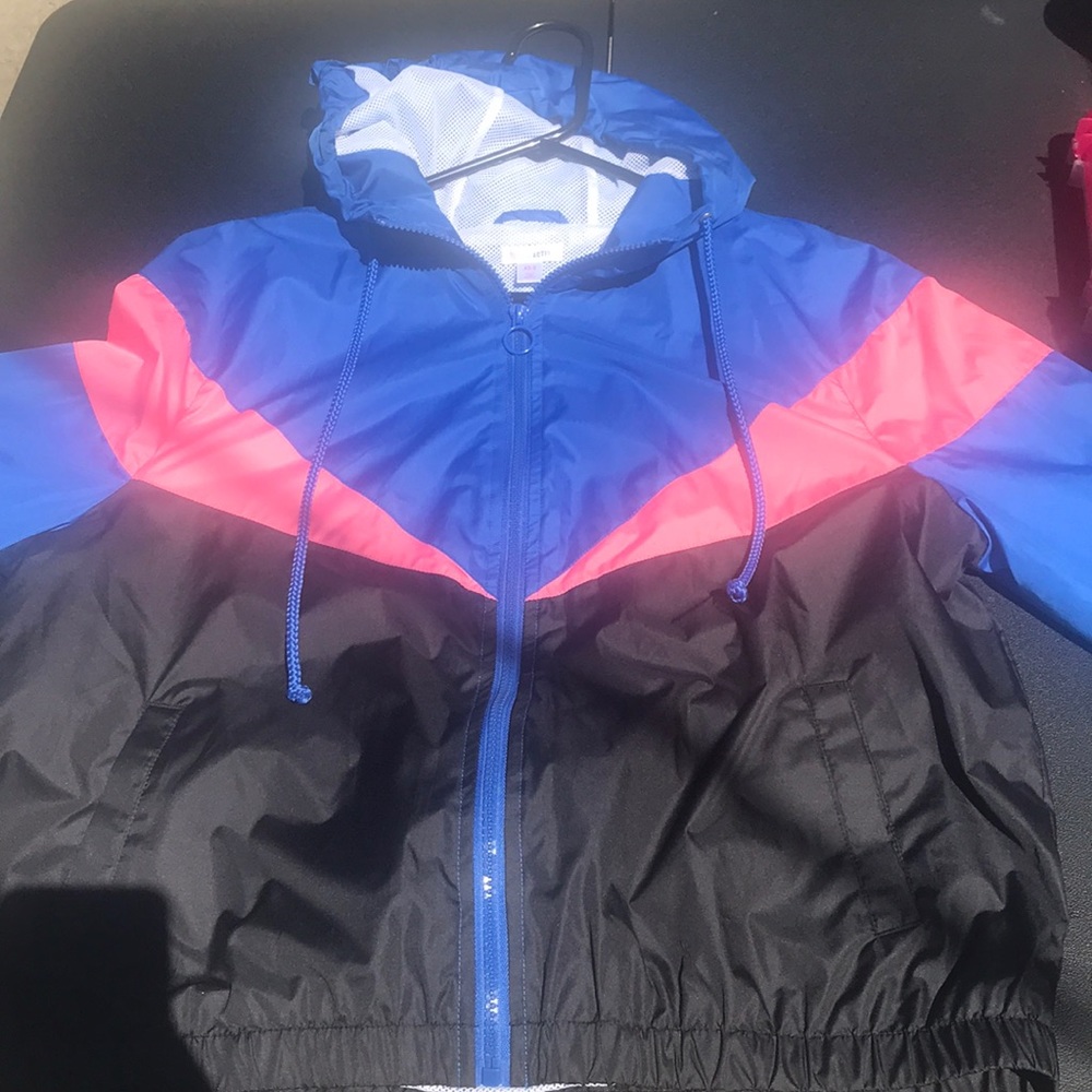 windbreaker jacket black blue and pink